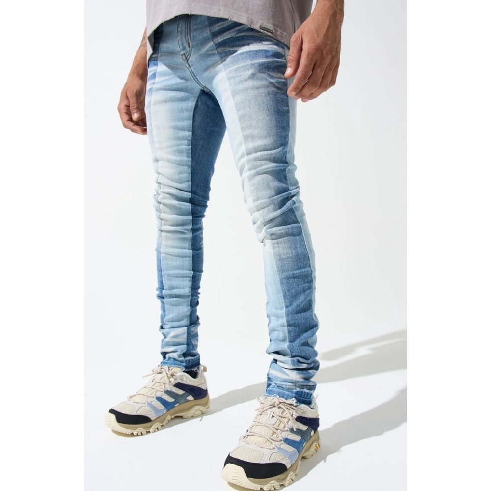 Serenede Skinny Jeans Mens 30x32 Blue Two-Tone Paneled Raw Hem Whiskered